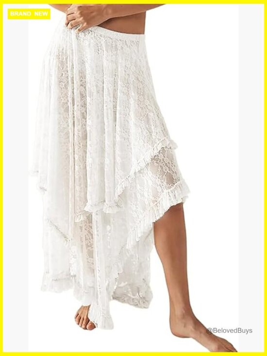 Dresses & Skirts - Flowy Boho Maxi Skirt Elastic Asymmetrical Layered See-Through